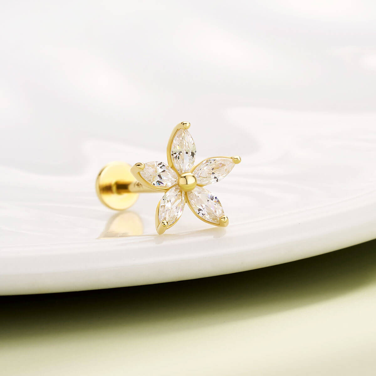 14K Gold CZ Flower Threadless Nose Stud