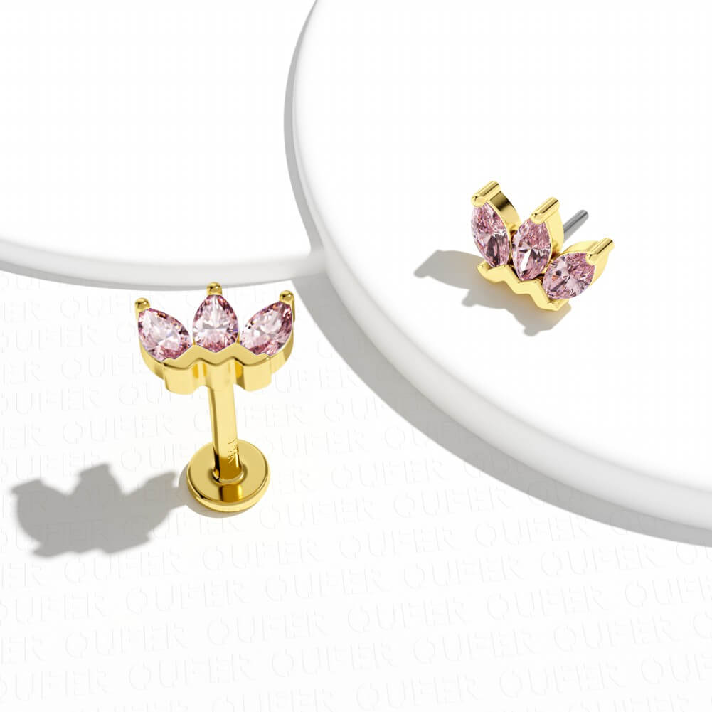 14K Gold Pink Crown CZ Threadless Nose Stud