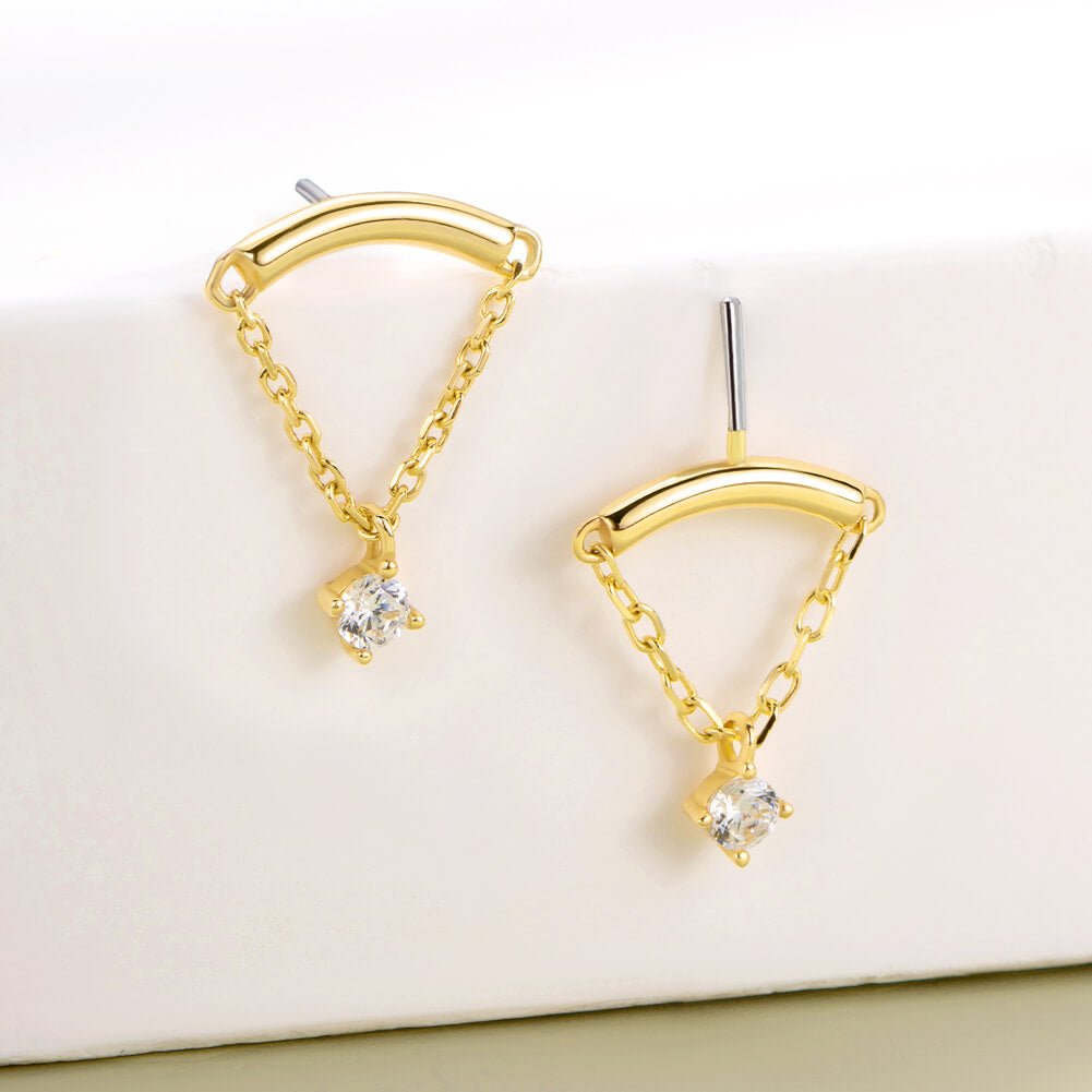 14K Gold Dangle Chain CZ Threadless Earring