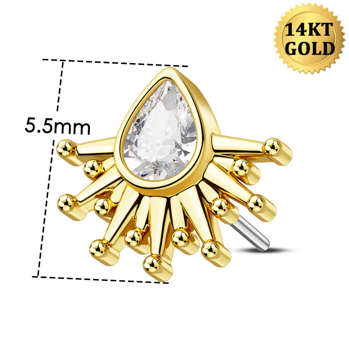 14K Gold Marquise CZ Sunburst Threadless Nose Stud