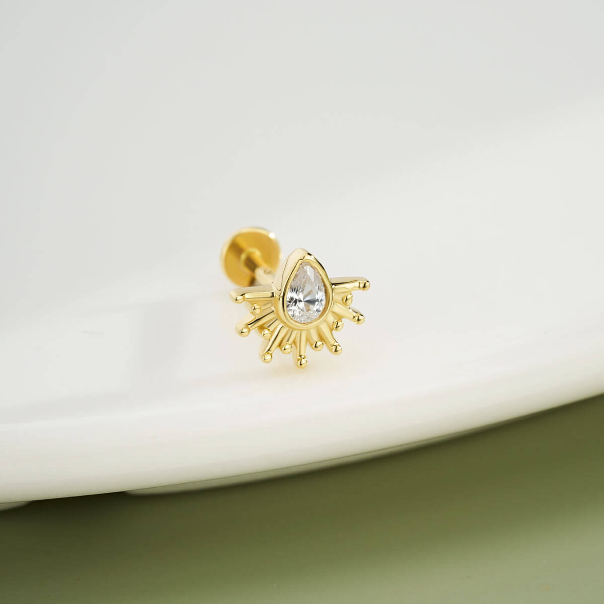 14K Gold Marquise CZ Sunburst Threadless Nose Stud