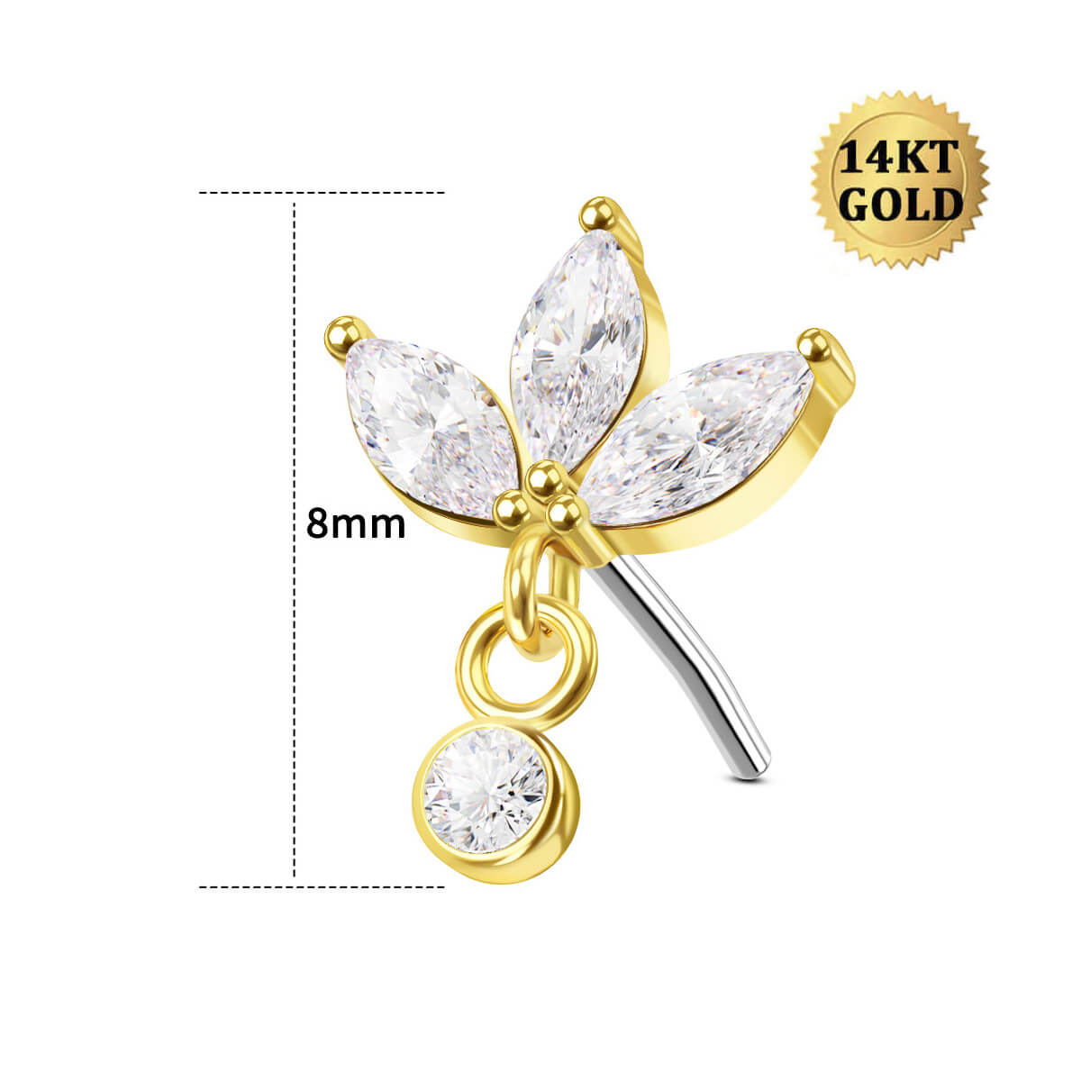 14K Gold Lotus Flower CZ Threadless Helix Stud