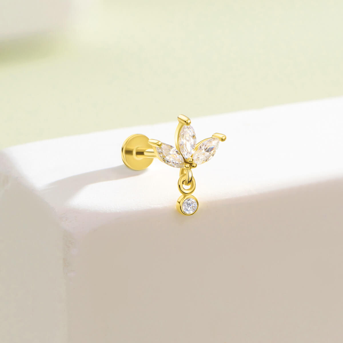 14K Gold Lotus Flower CZ Threadless Helix Stud