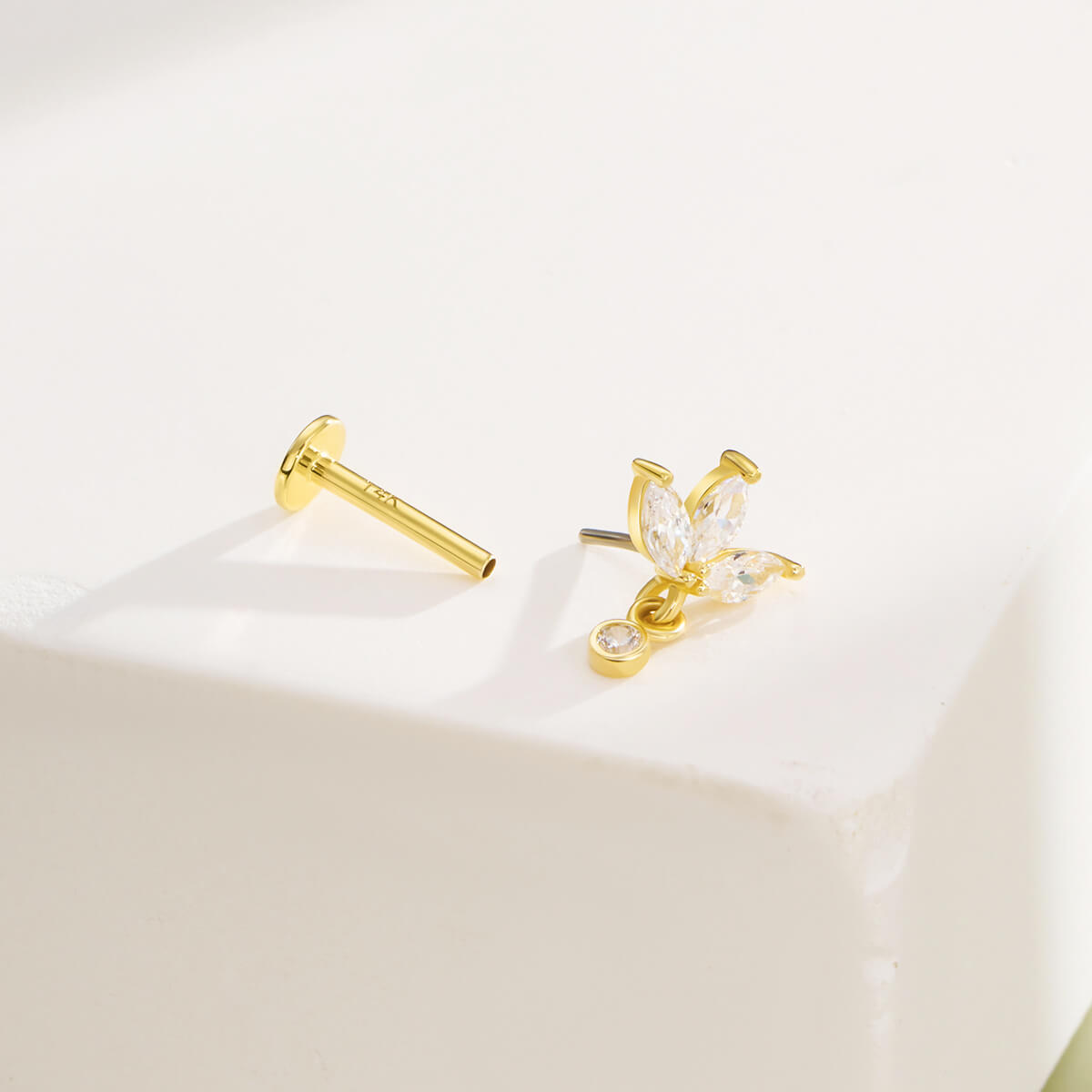 14K Gold Lotus Flower CZ Threadless Helix Stud