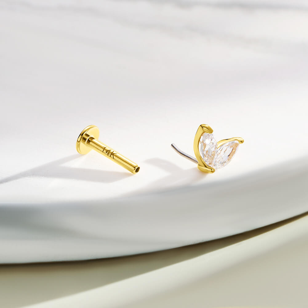 14K Gold CZ Two Leaves Threadless Cartilage Earring