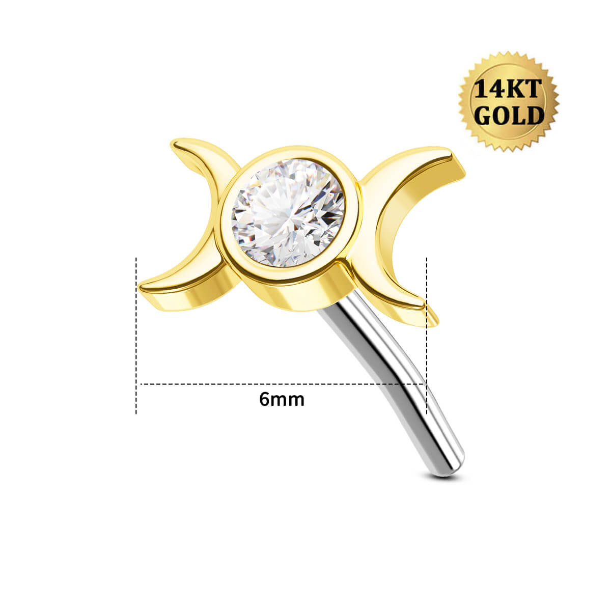 14K Gold CZ Moon Phase Threadless Nose Stud