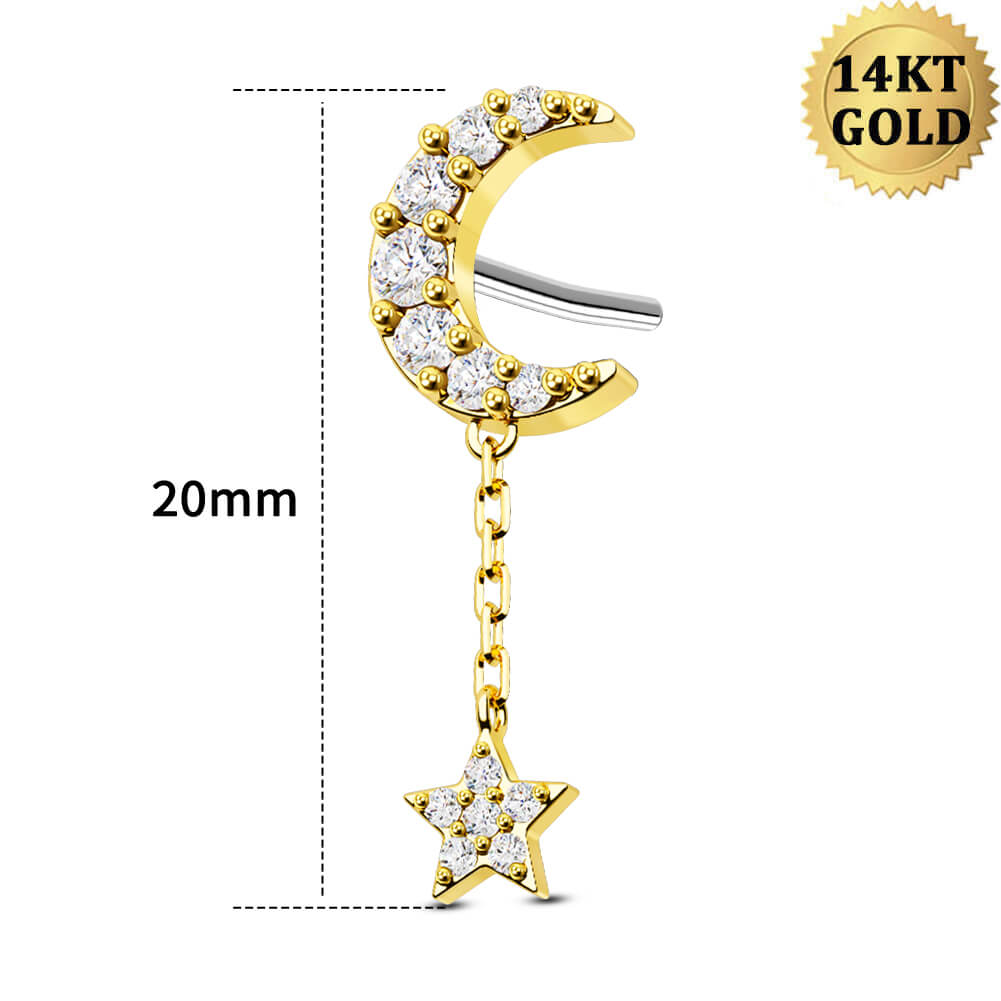 14K Gold Moon & Star Dangle Threadless Helix Earring