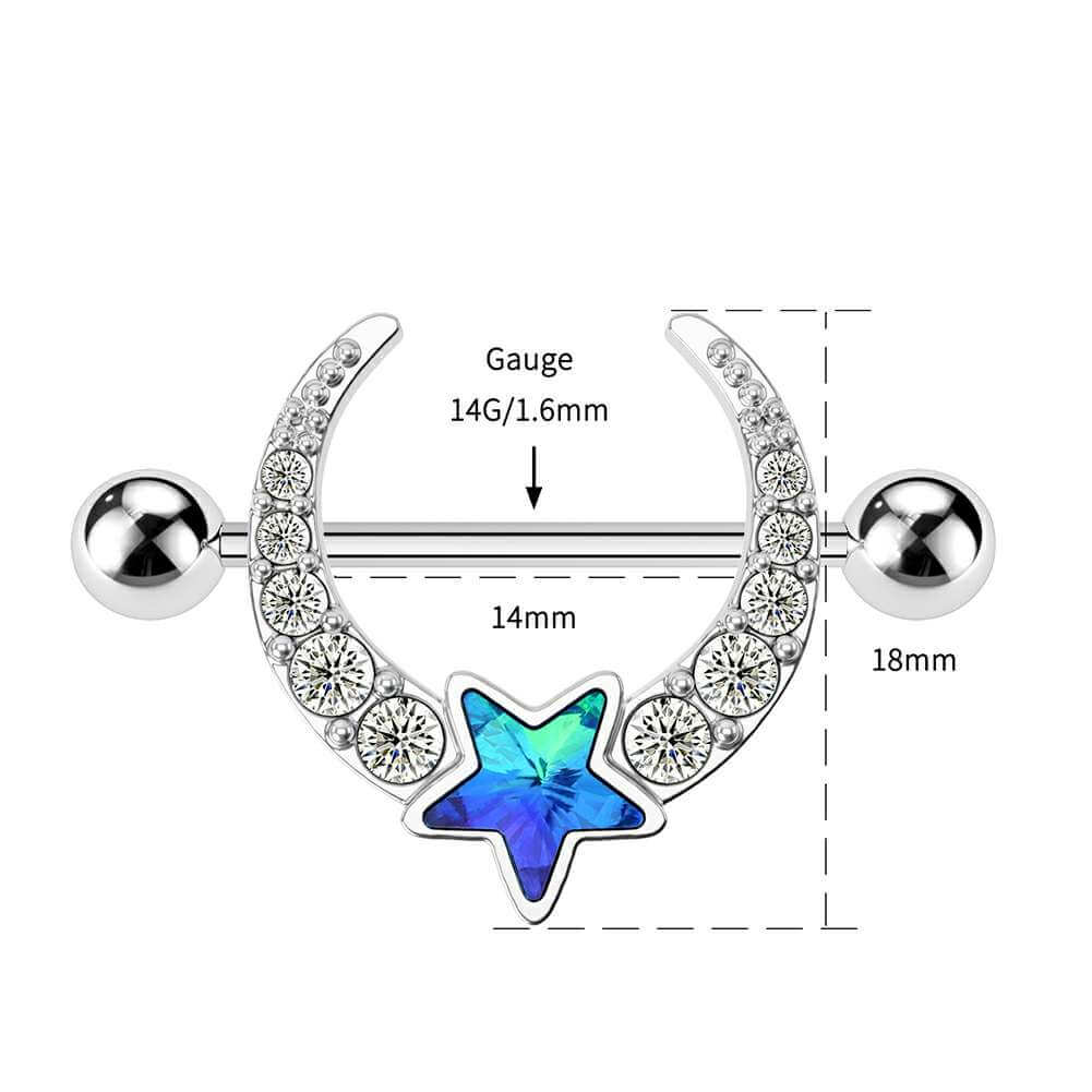 2PCS Blue Star CZ Gems Nipple Rings