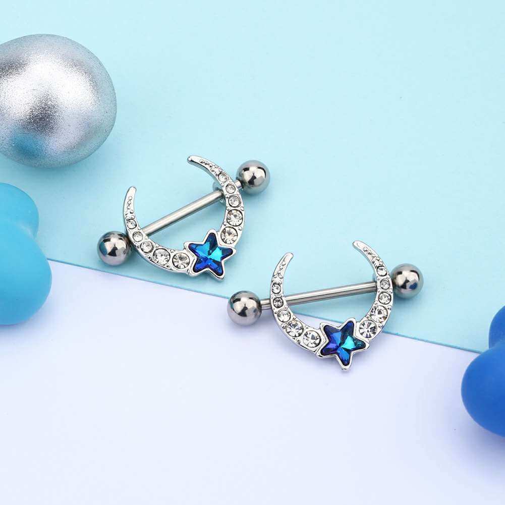 2PCS Blue Star CZ Gems Nipple Rings