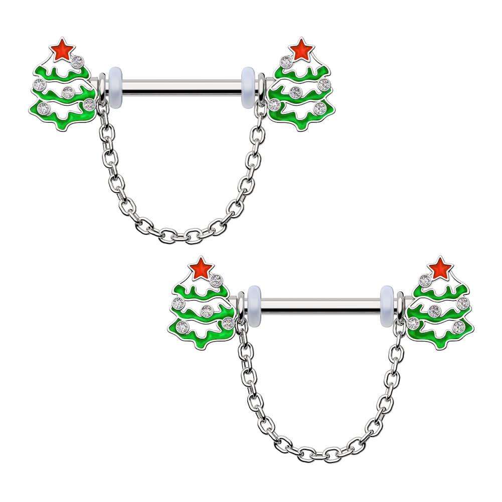 2PCS Chrismas Tree Dangle Nipple Barbell