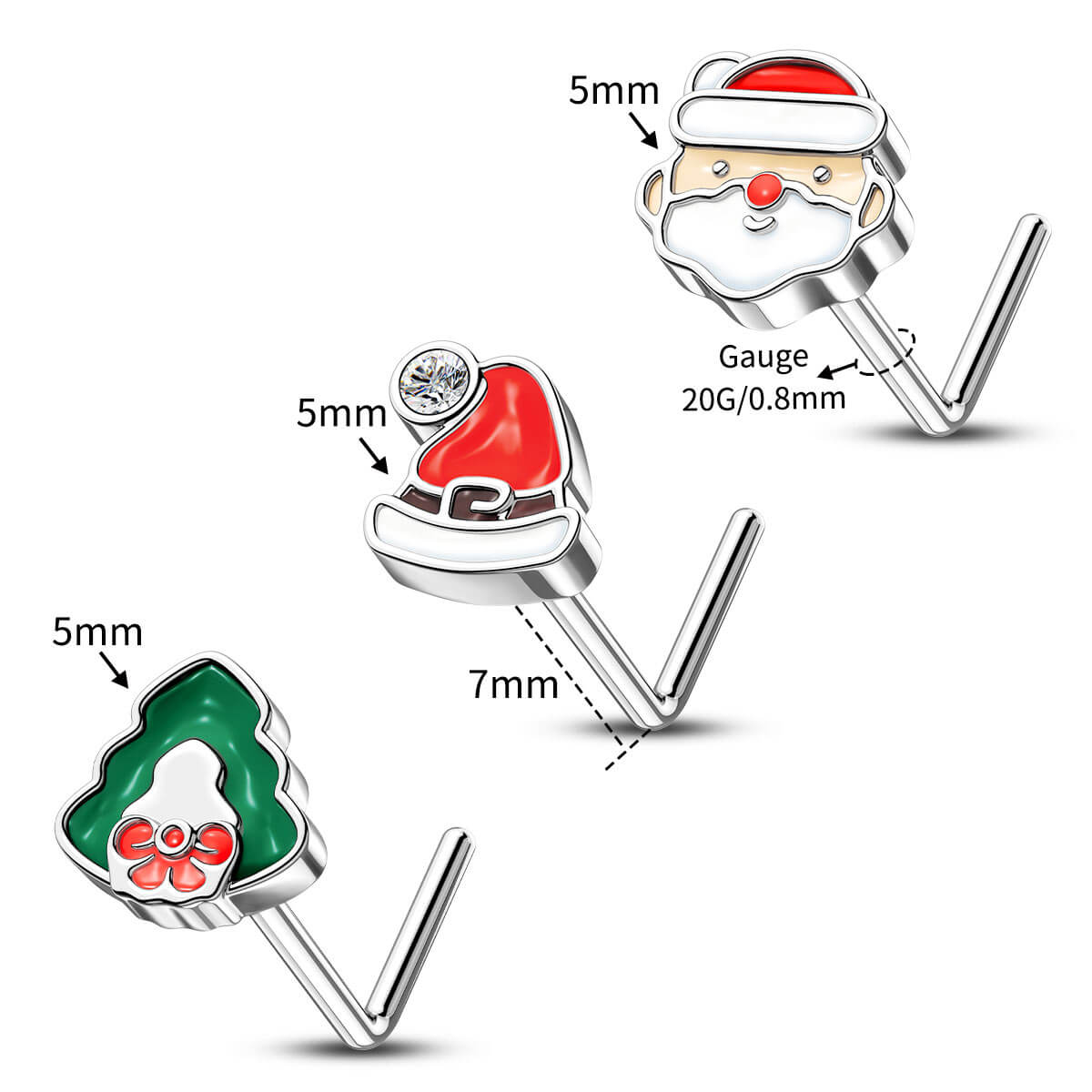 3PCS Christmas Santa/Hat/Tree Nose Studs Pack