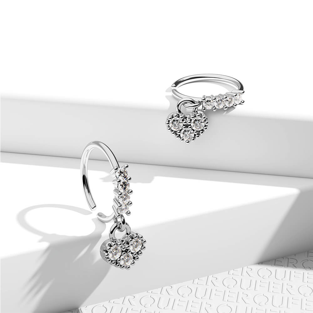20G Shiny Heart CZ Dangle Nose Ring