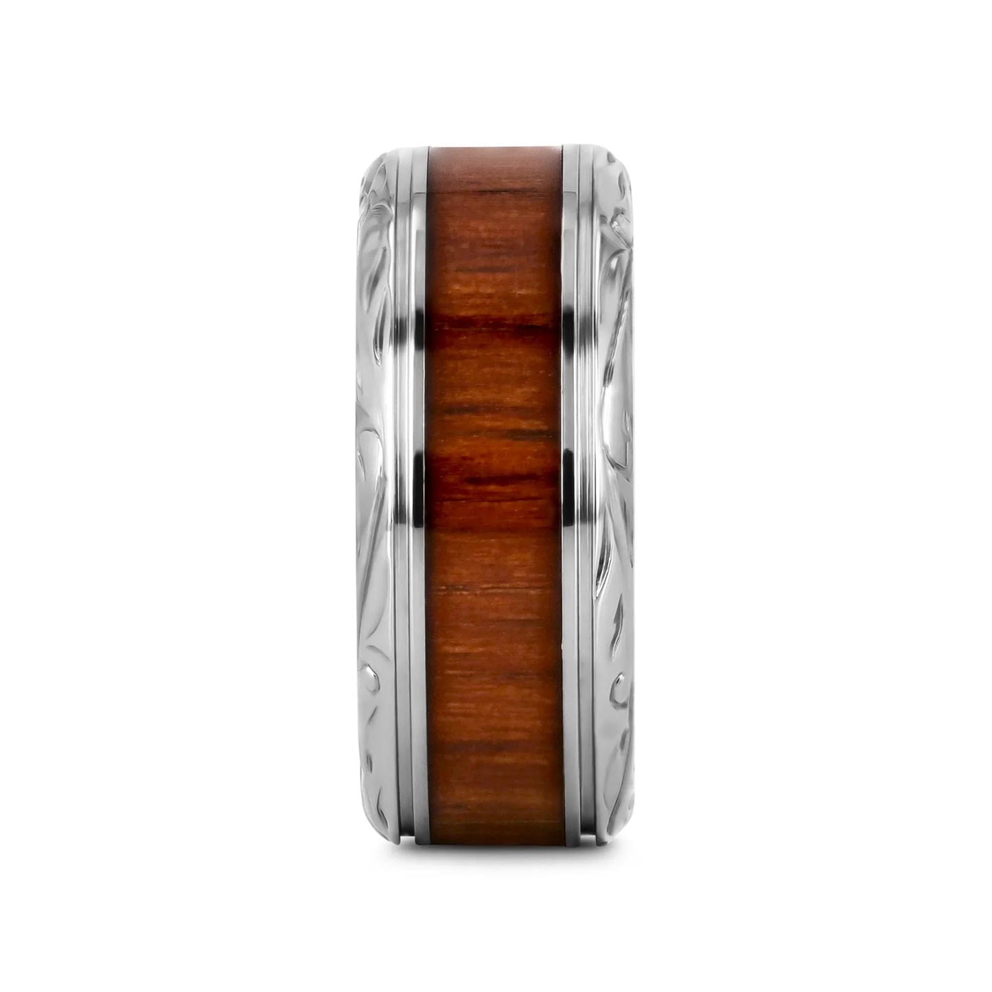 OHANA Koa Wood Inlaid Titanium Men’s Wedding Ring with Intricate Edges - 6mm - 10mm