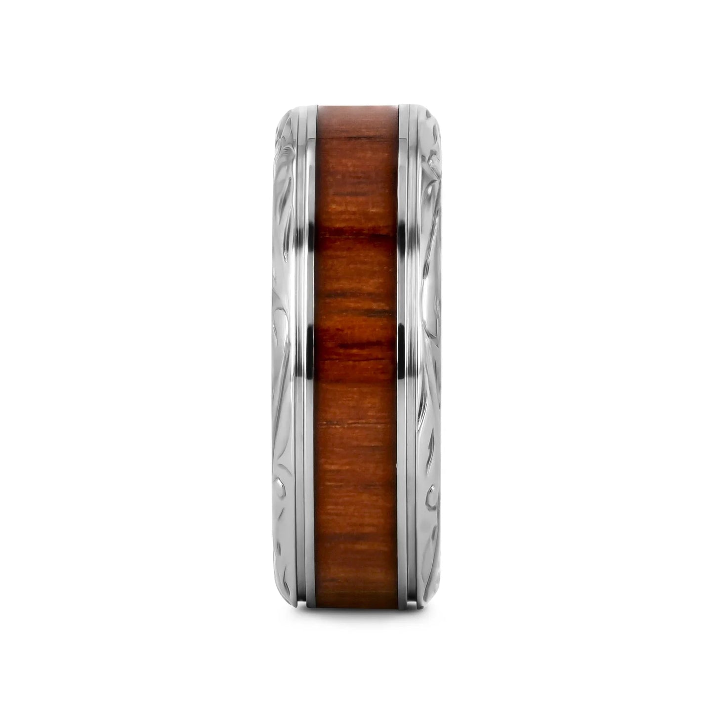 OHANA Koa Wood Inlaid Titanium Men’s Wedding Ring with Intricate Edges - 6mm - 10mm