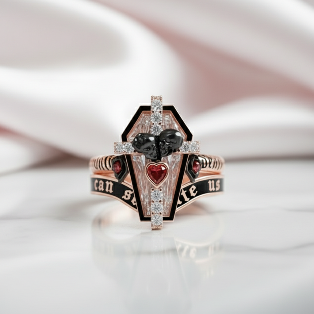 Only Death Can Separate Us Coffin Cut Diamond Wedding Rings