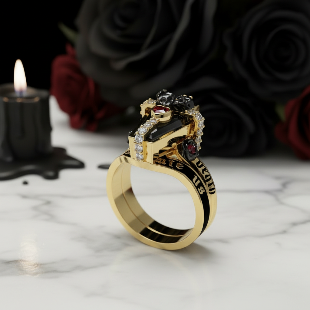 Only Death Can Separate Us Coffin Cut Diamond Wedding Rings