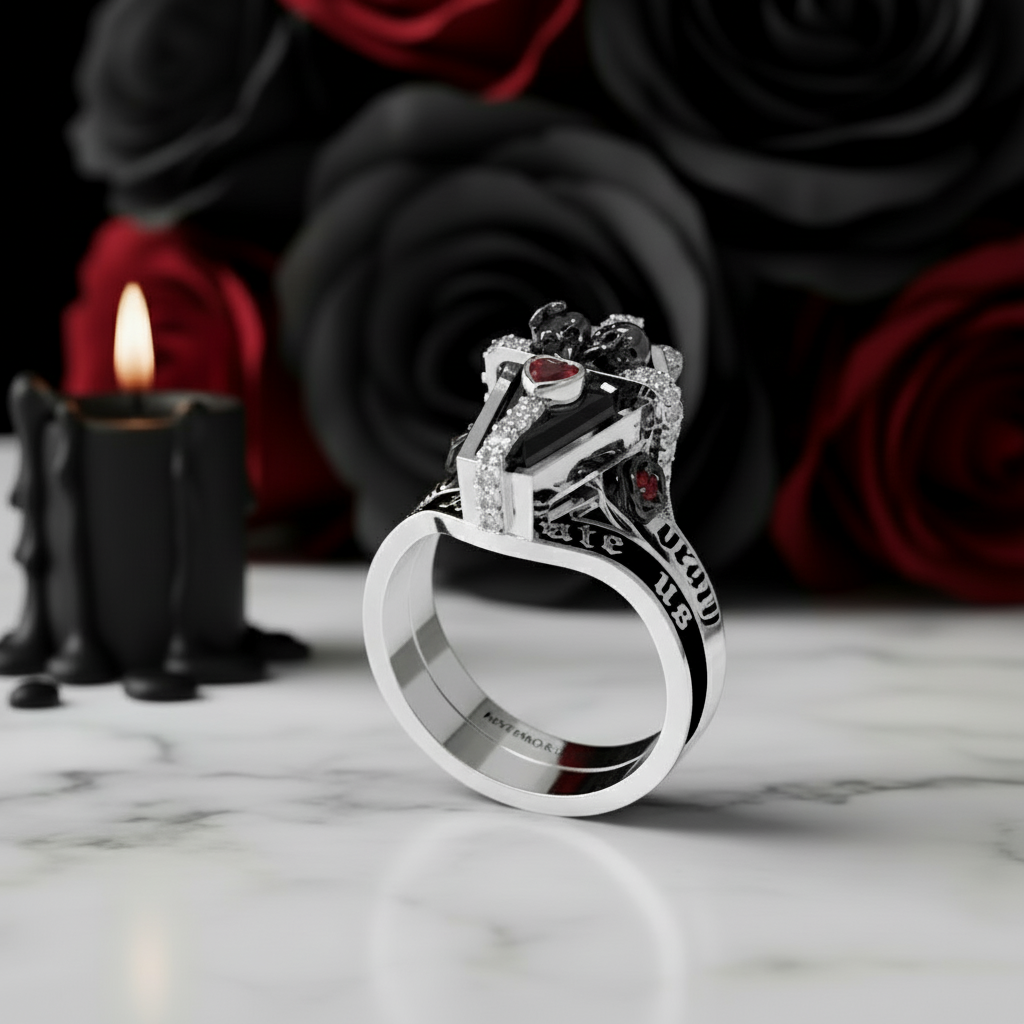 Only Death Can Separate Us Coffin Cut Diamond Wedding Rings