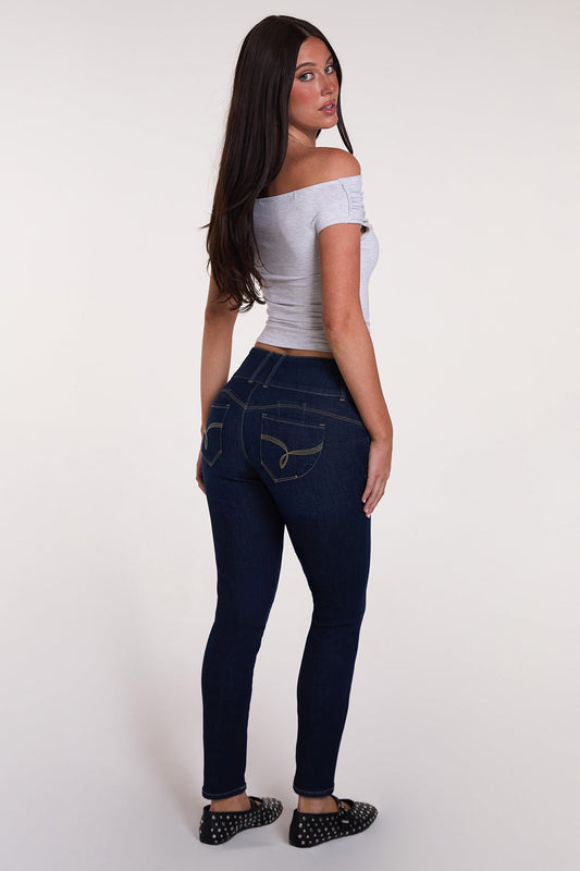 Women's Luxe Mid Rise 3-Button WannaBettaButt Skinny Jeans