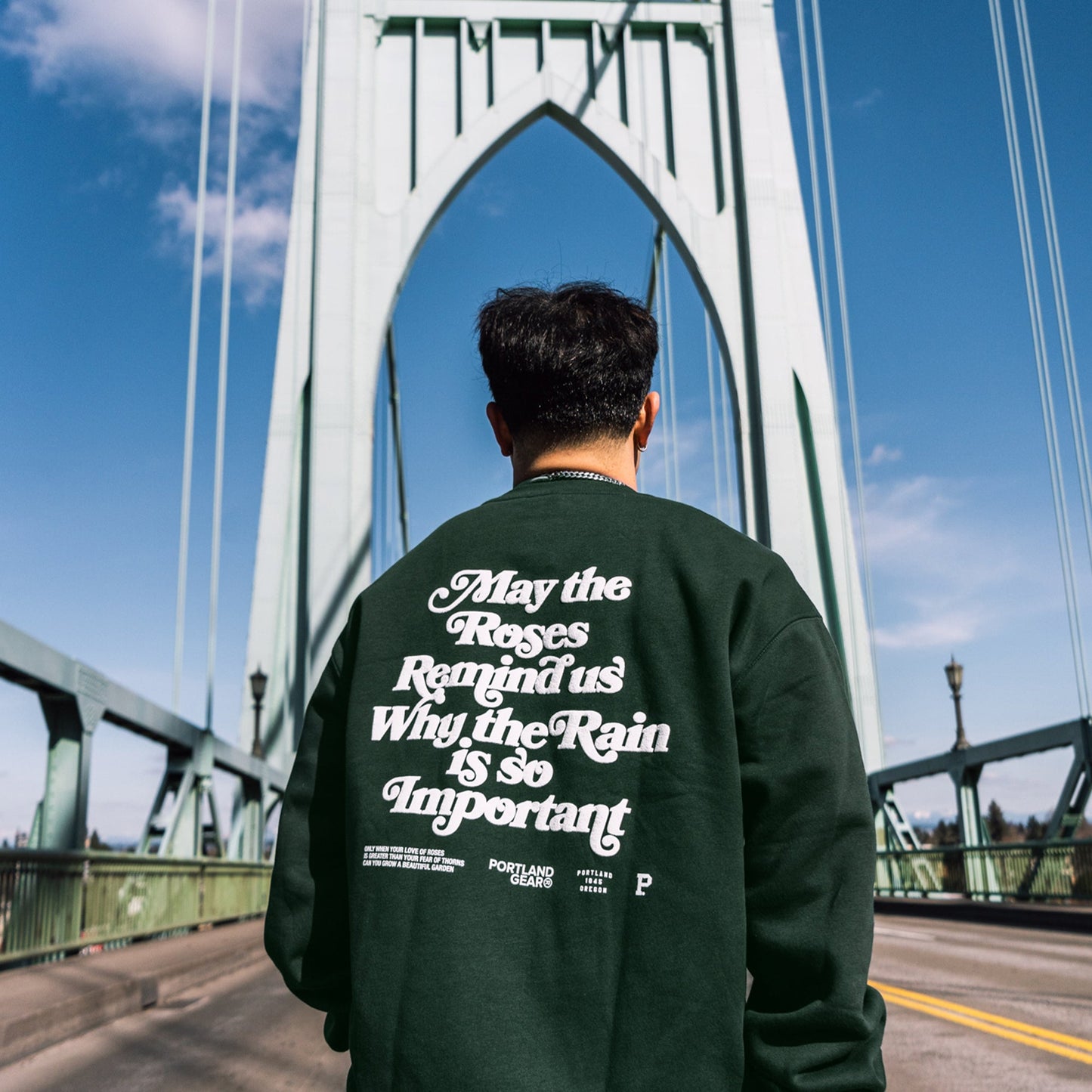 Sueded Slogan Crewneck - Pine Green
