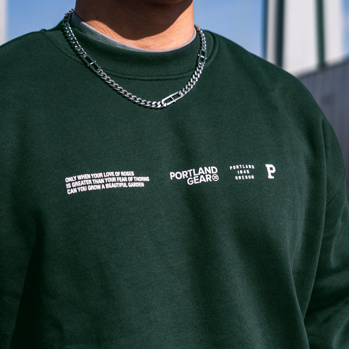 Sueded Slogan Crewneck - Pine Green
