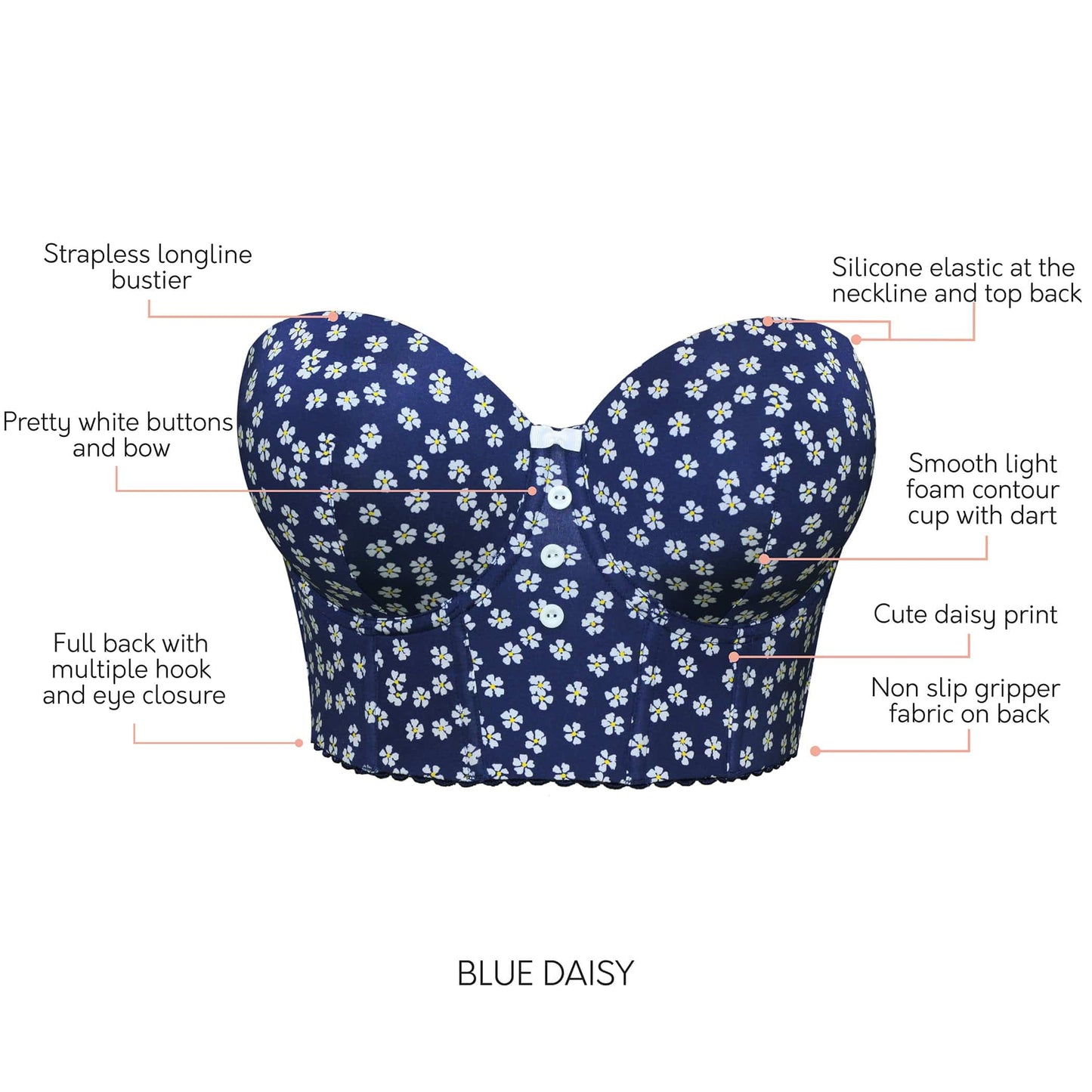 PARFAIT Dolly P50119 Women's Longline Strapless Bustier - Blue Daisy