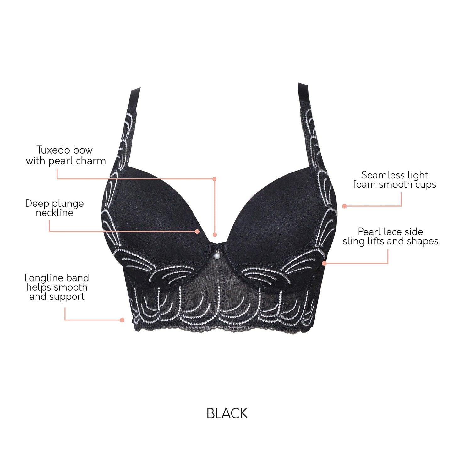 PARFAIT Pearl P6091 Women's Longline Plunge Full Busted Bra  - Black