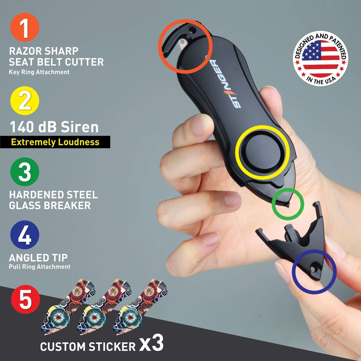 Stinger Personal Safety Alarm Keychain Emergency Tool: Siren Alarm, Seat Belt Cutter, Glass Breaker (Ladybug)