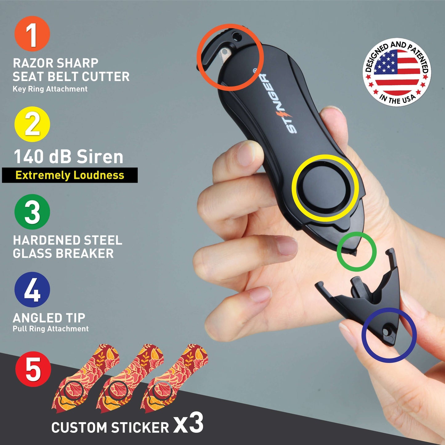 Stinger Personal Safety Alarm Keychain Emergency Tool: Siren Alarm, Seat Belt Cutter, Glass Breaker (Peony)