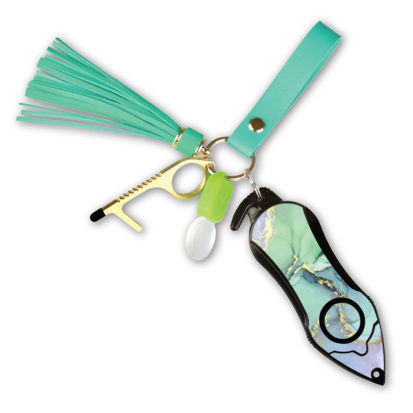 Personal Alarm Keychain Set: Safety Panic Alarm Siren, Seatbelt Cutter, Car Window Breaker, Wristlet Keychain, Contactless Key Tool, Pocket Flashlight (Green Marble)