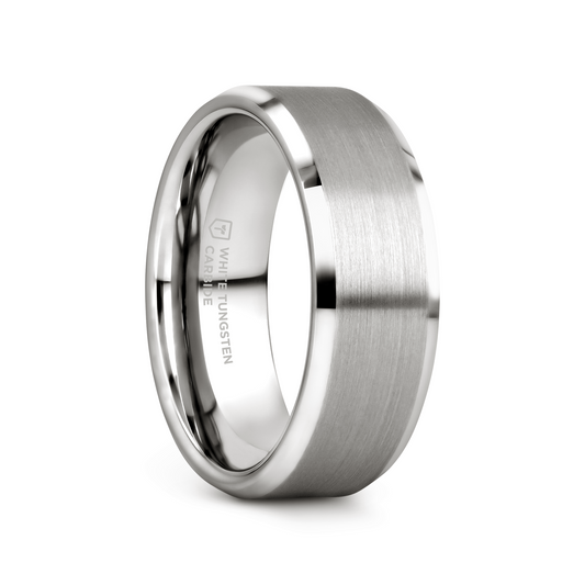 PETERSBURG Brushed Center White Tungsten Ring with Beveled Edges - 4mm - 10mm