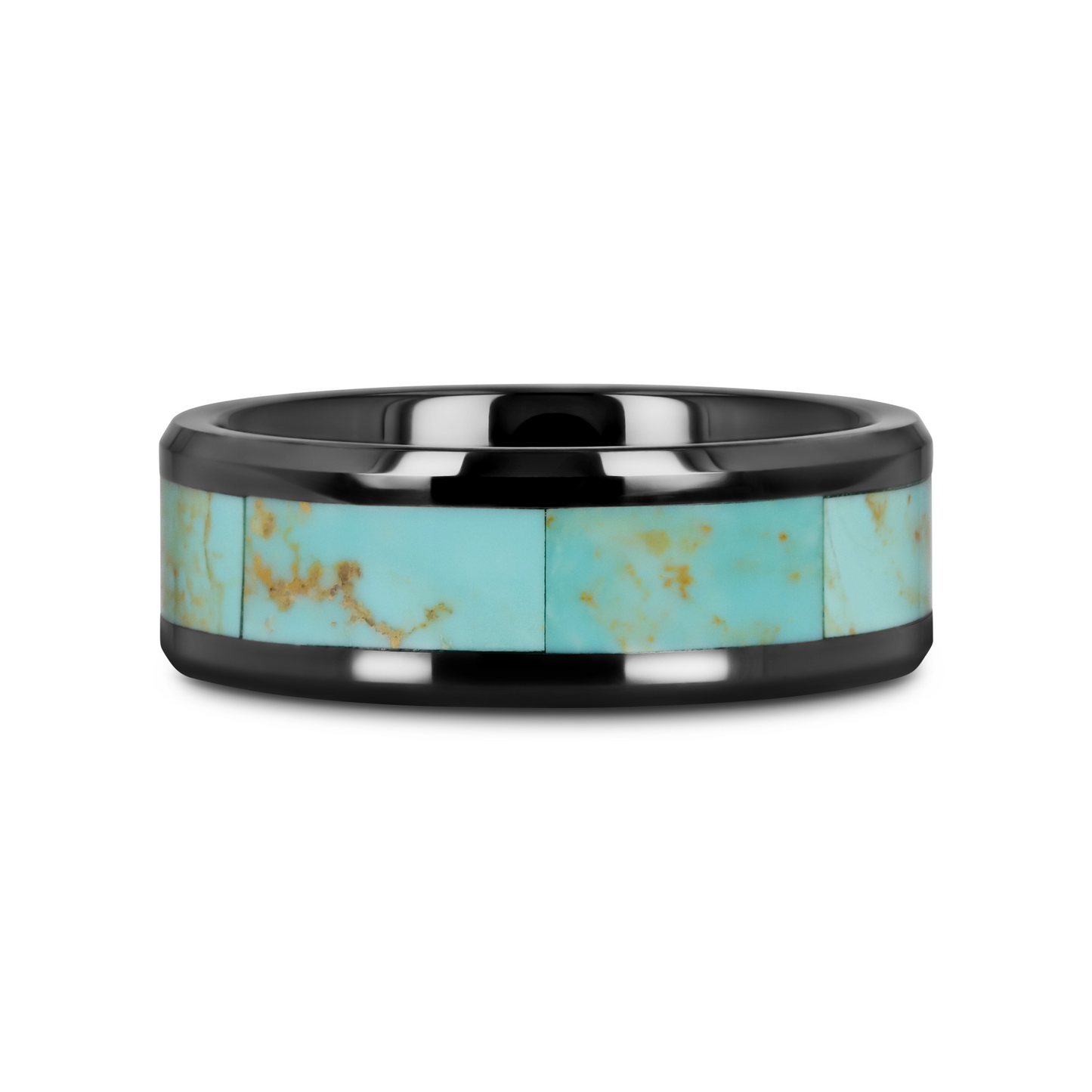 PIETRO Men’s Polished Black Ceramic Wedding Band with Light Blue Turquoise Stone Inlay & Polished Beveled Edges - 8mm