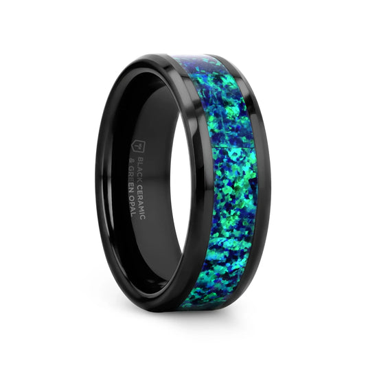 PULSAR Black Ceramic Wedding Band with Beveled Edges and Emerald Green & Sapphire Blue Color Opal Inlay - 6mm or 8 mm