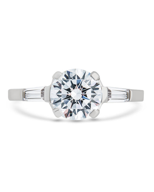 Sterling Silver 4-Prong Brilliant Cut & Baguette Accent Engagement Ring