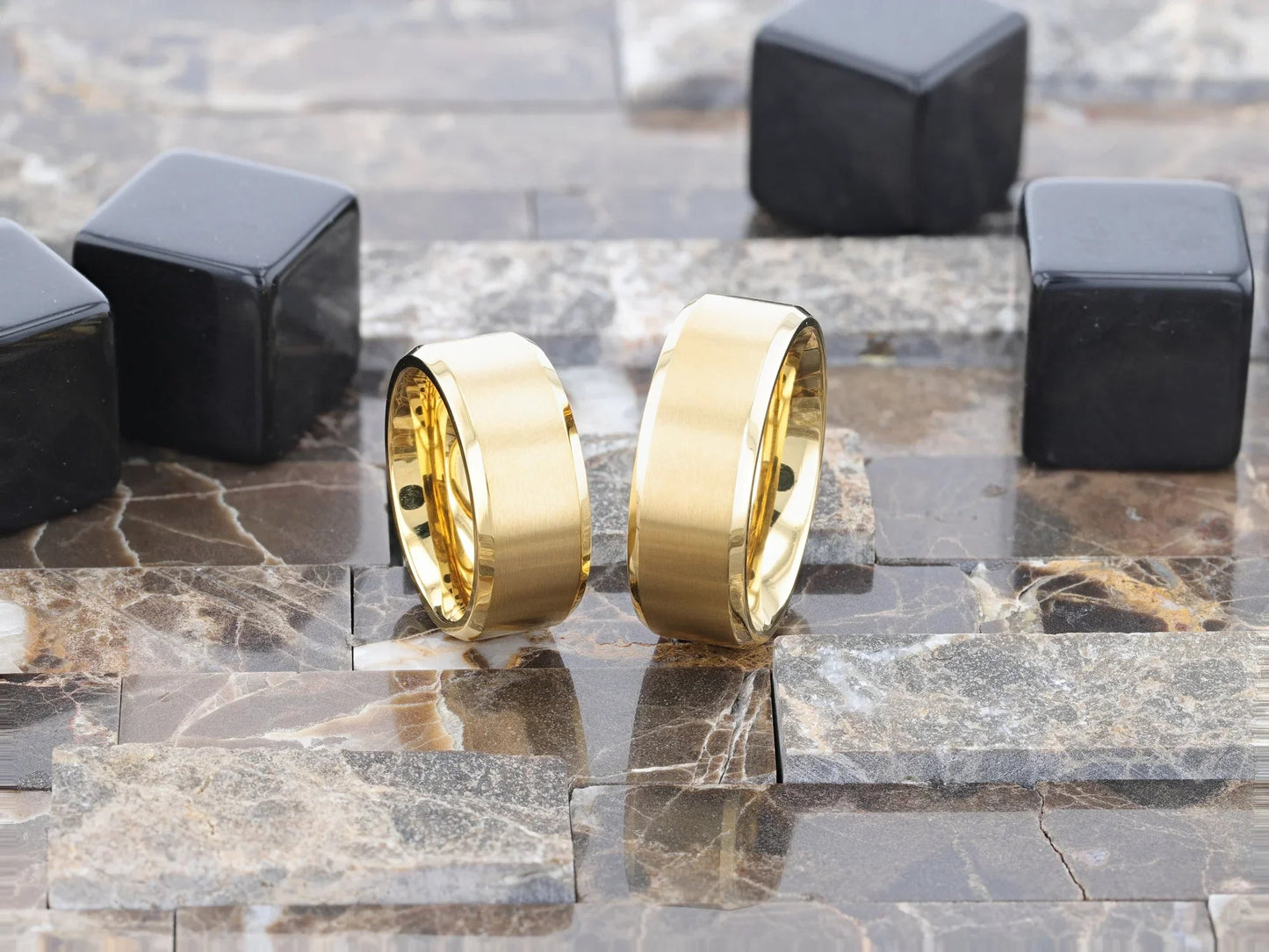 RADIATE Gold-Plated Titanium Flat Brushed Center Men's Wedding Ring With Beveled Polished Edges - 8mm