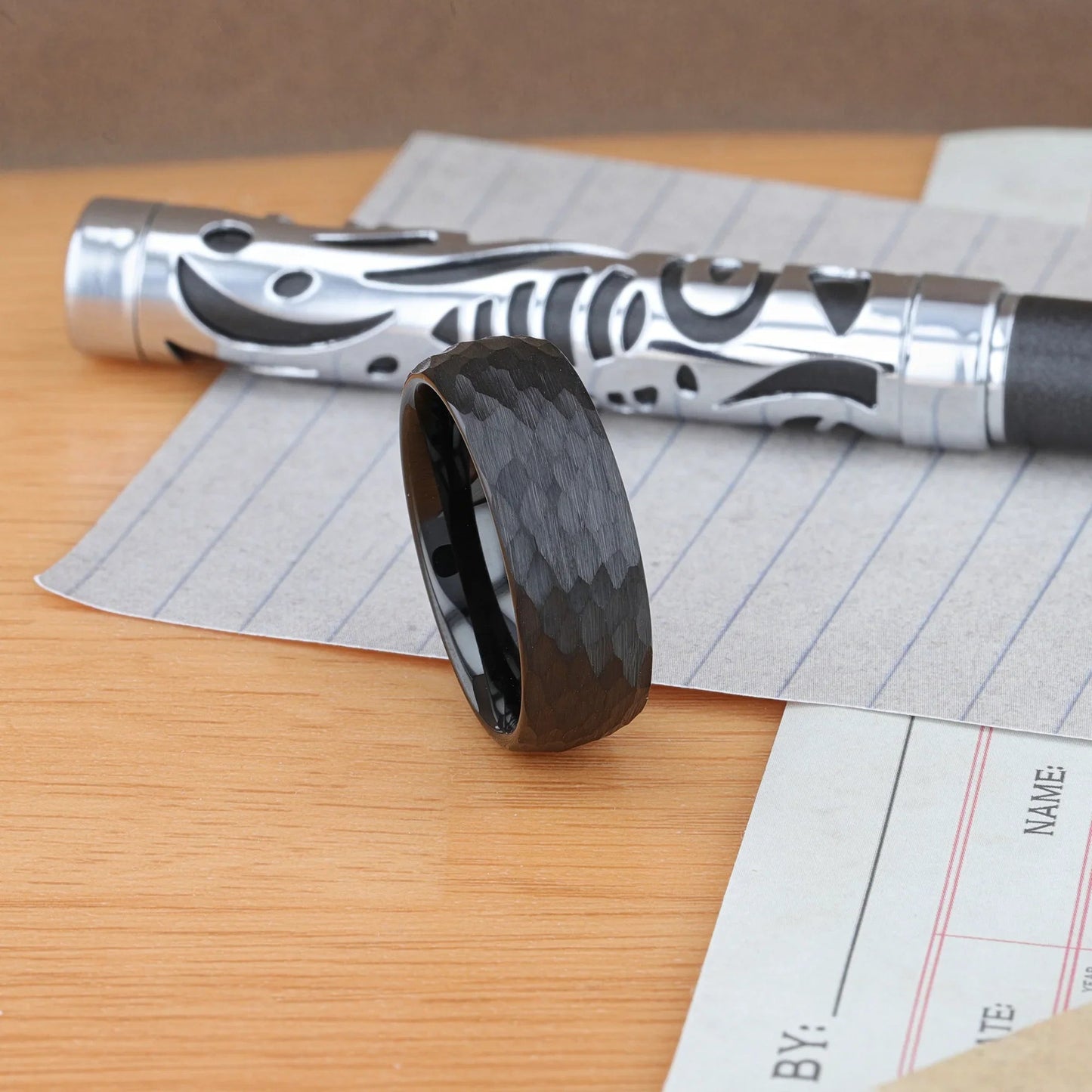 RENEGADE Domed Hammered Black Tungsten Carbide Wedding Band, Brushed Finish – 6mm or 8mm