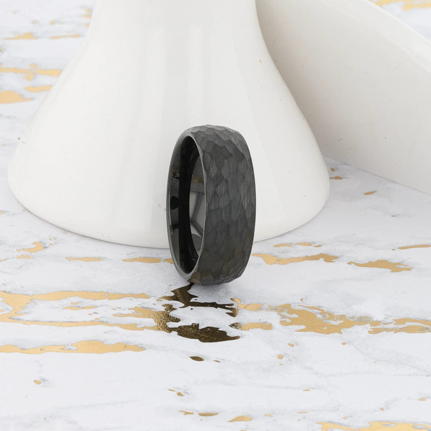 RENEGADE Domed Hammered Black Tungsten Carbide Wedding Band, Brushed Finish – 6mm or 8mm