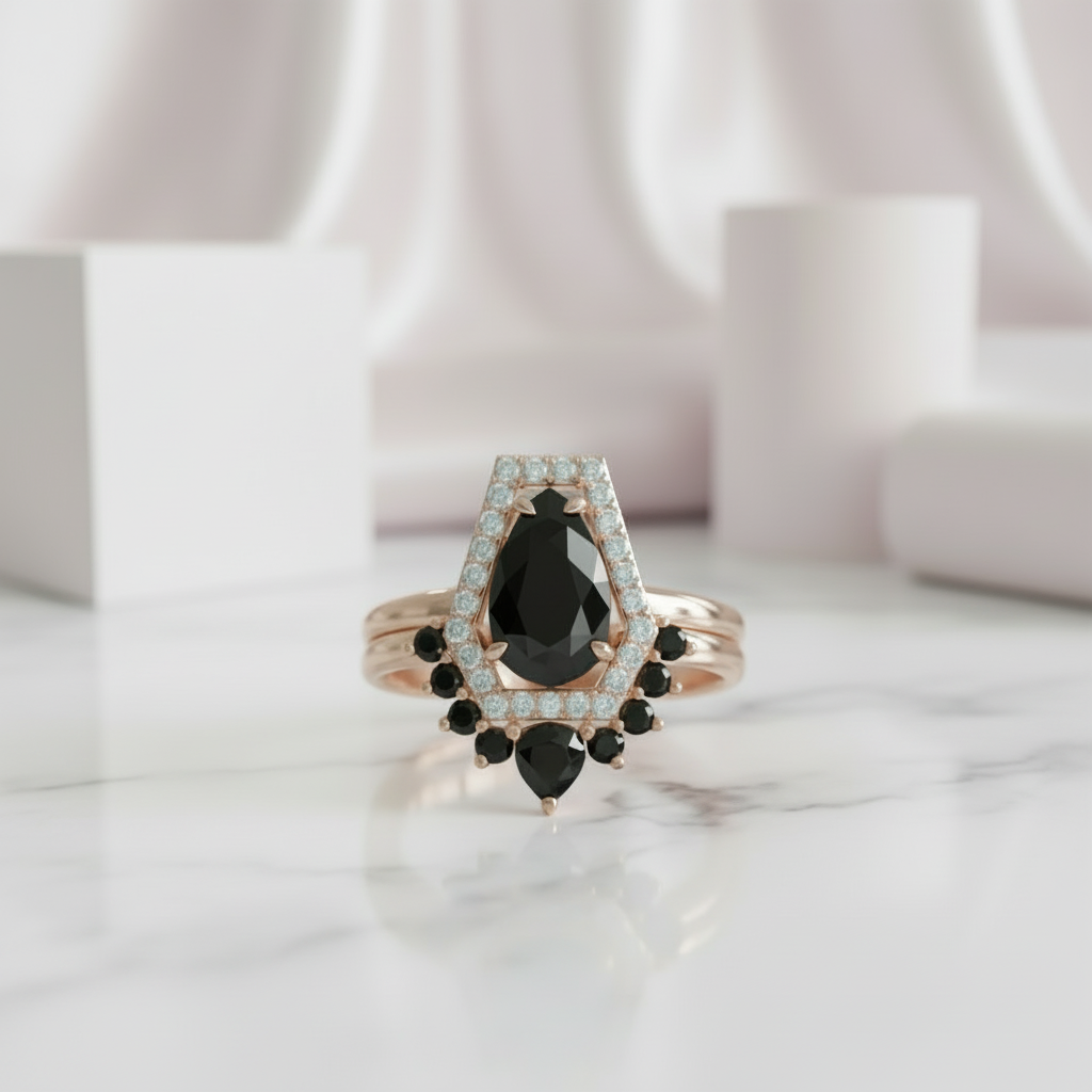 Faithfulness-1ct Black Pear Cut Diamond 14k White Gold Coffin Ring Set