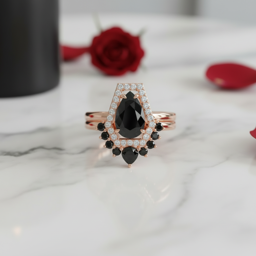 Faithfulness-1ct Black Pear Cut Diamond 14k White Gold Coffin Ring Set