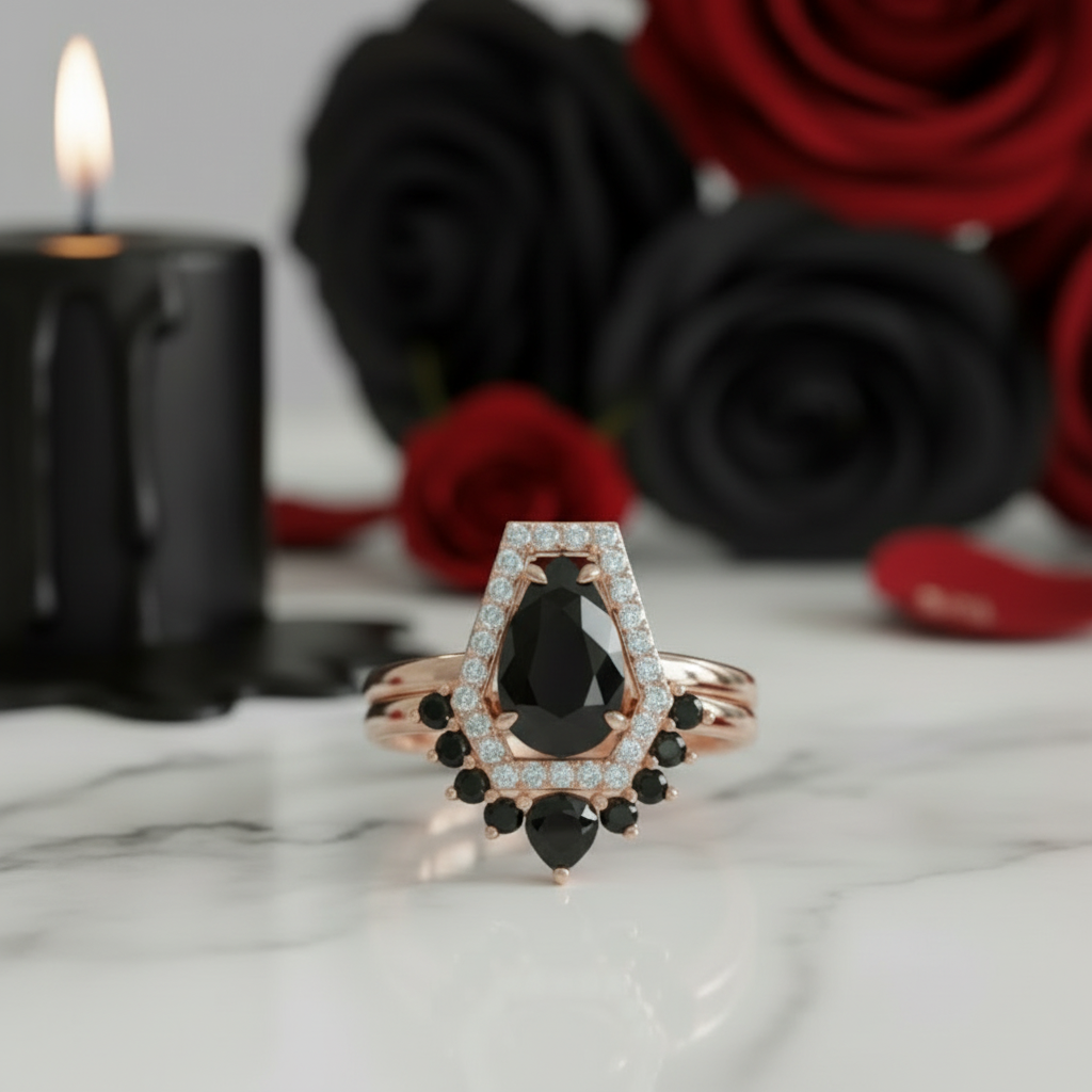 Faithfulness-1ct Black Pear Cut Diamond 14k White Gold Coffin Ring Set