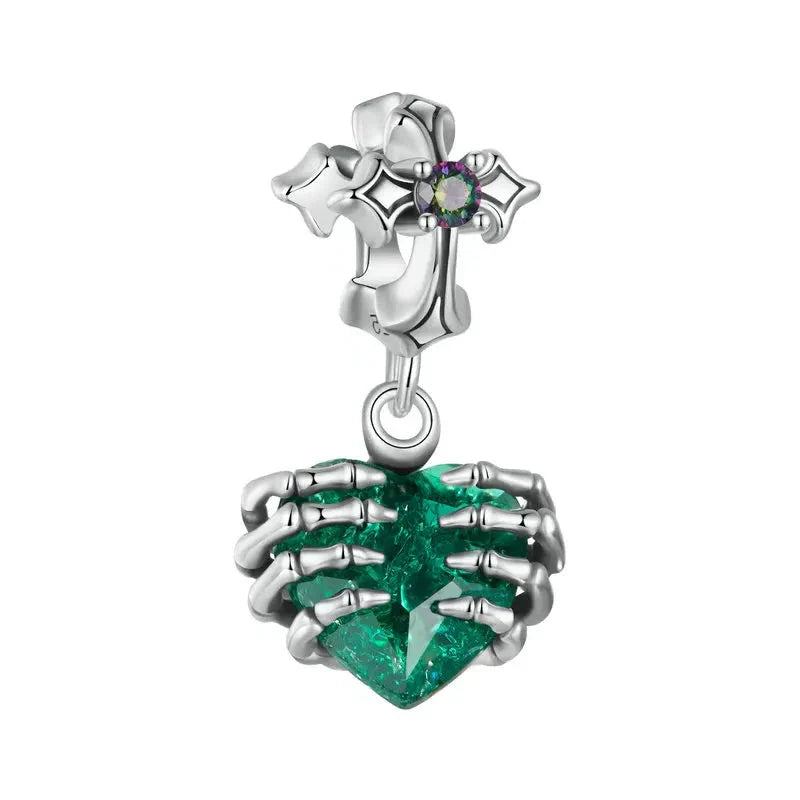 Cross and Skeleton Green Stone Gothic Charm