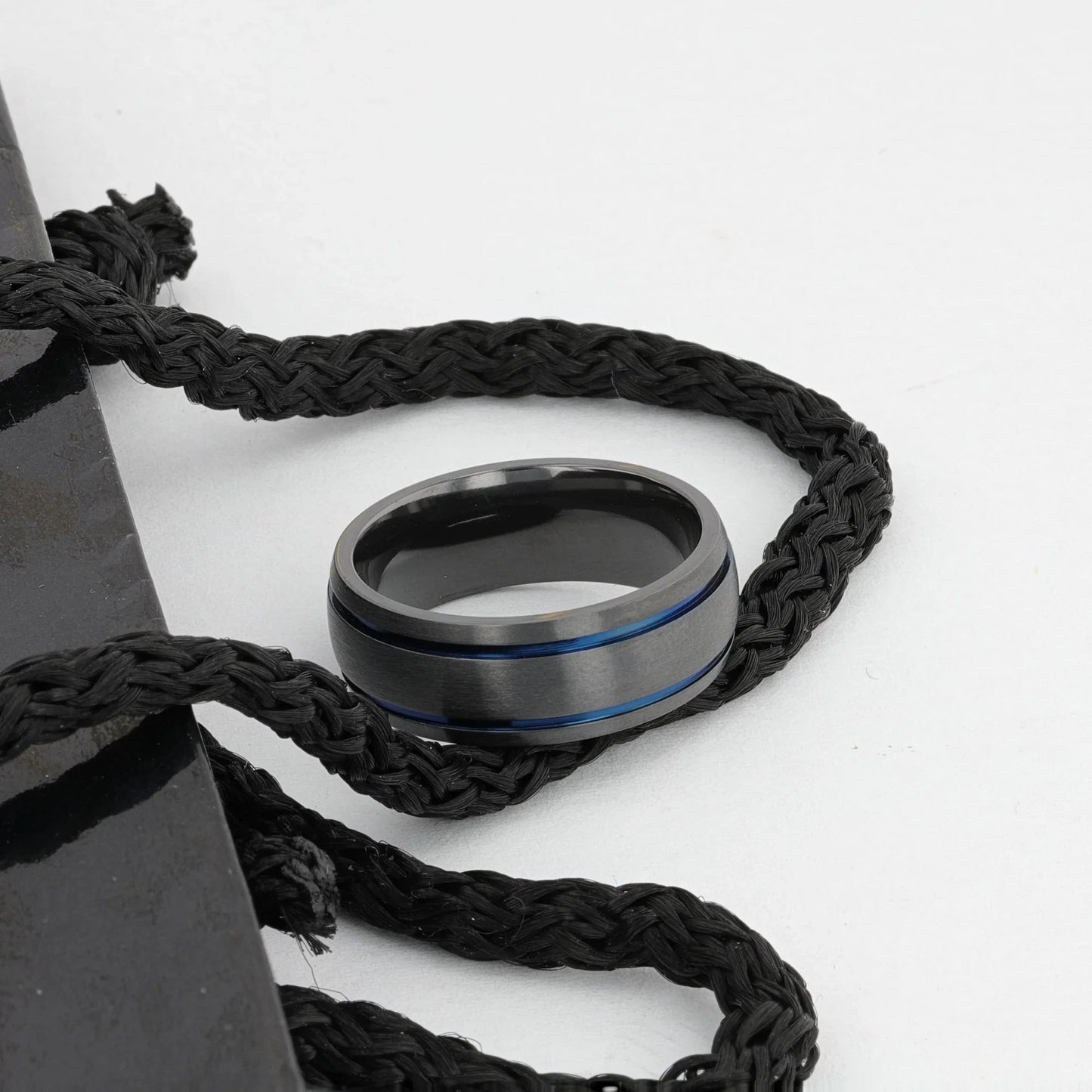 SHERIFF Domed Black Titanium Brushed Finish Men’s Wedding Ring with Blue Grooves – 8mm