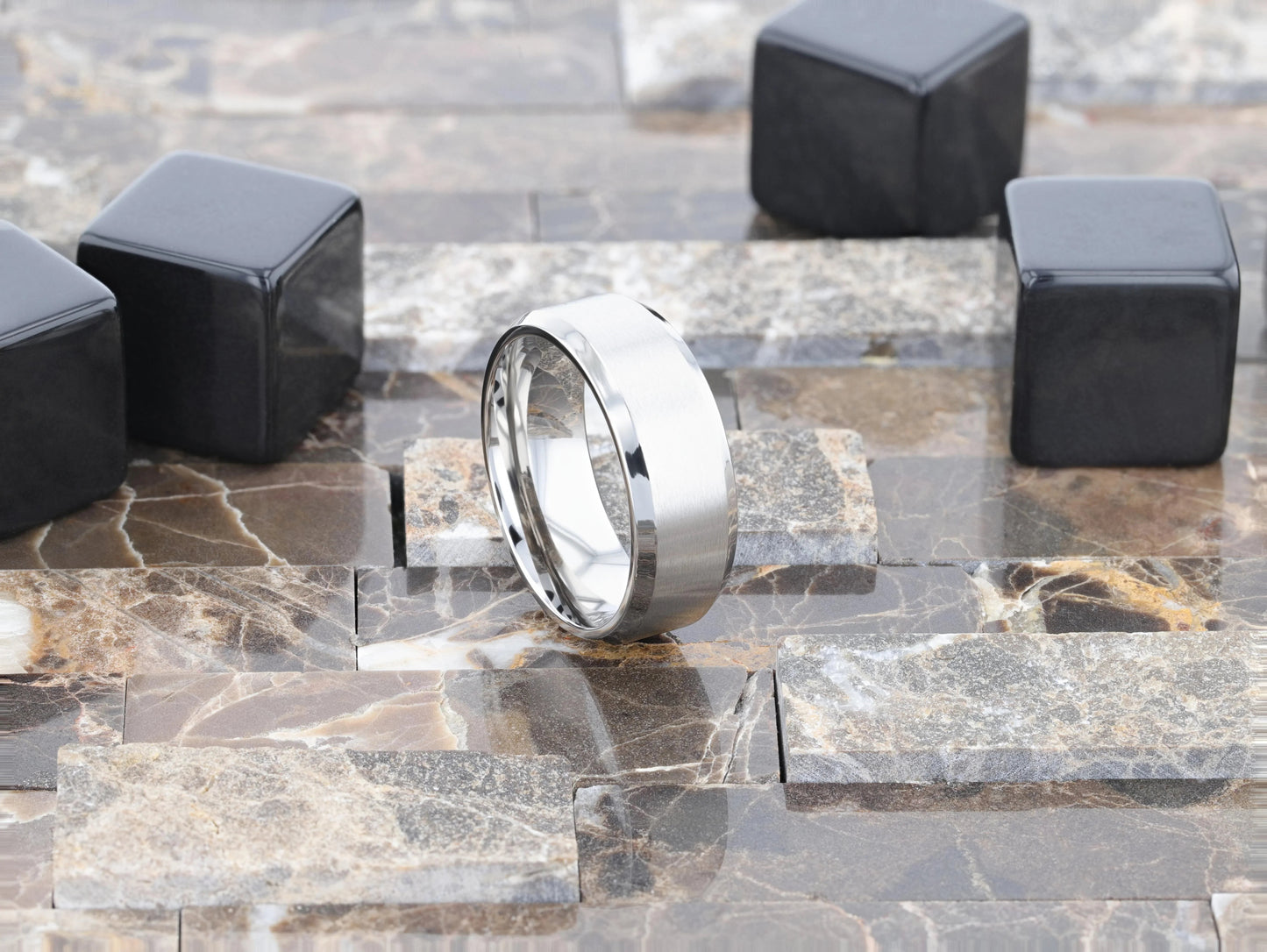 SHIRE Titanium Men’s Flat Wedding Ring, Brushed Center with Polished Beveled Edges — 6mm & 8mm