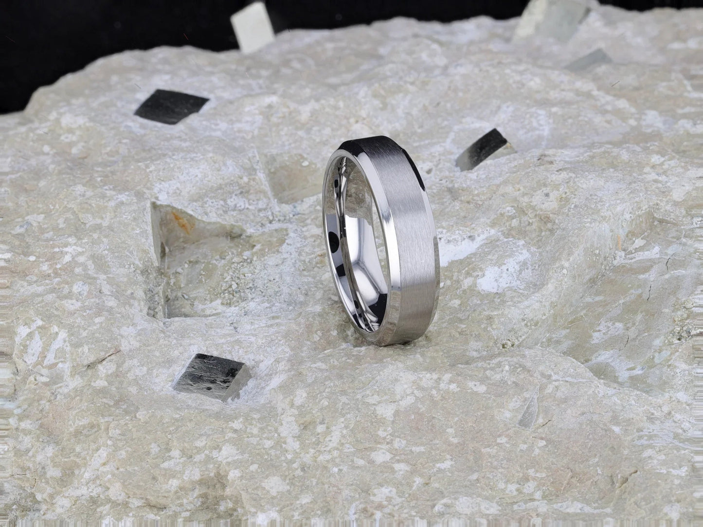 SHIRE Titanium Men’s Flat Wedding Ring, Brushed Center with Polished Beveled Edges — 6mm & 8mm