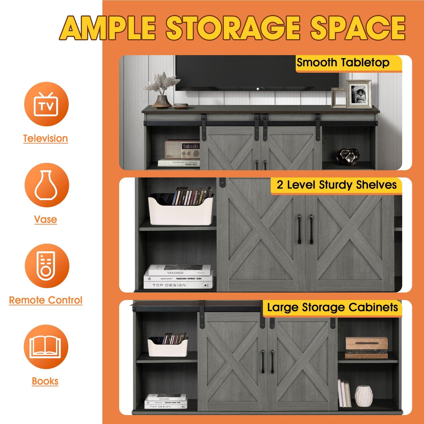 Eira Farmhouse 56-inch TV Stand with Storage Cabinet and Cable Holes, Entertainment Center Console for Living Room, Bedroom