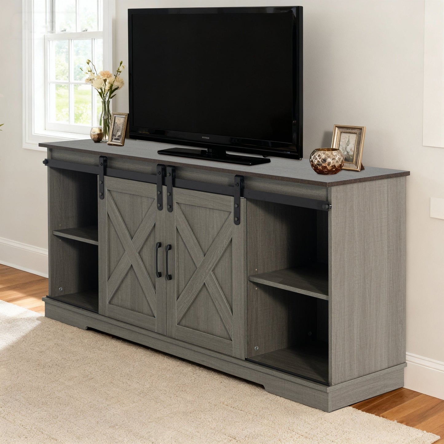 Eira Farmhouse 56-inch TV Stand with Storage Cabinet and Cable Holes, Entertainment Center Console for Living Room, Bedroom