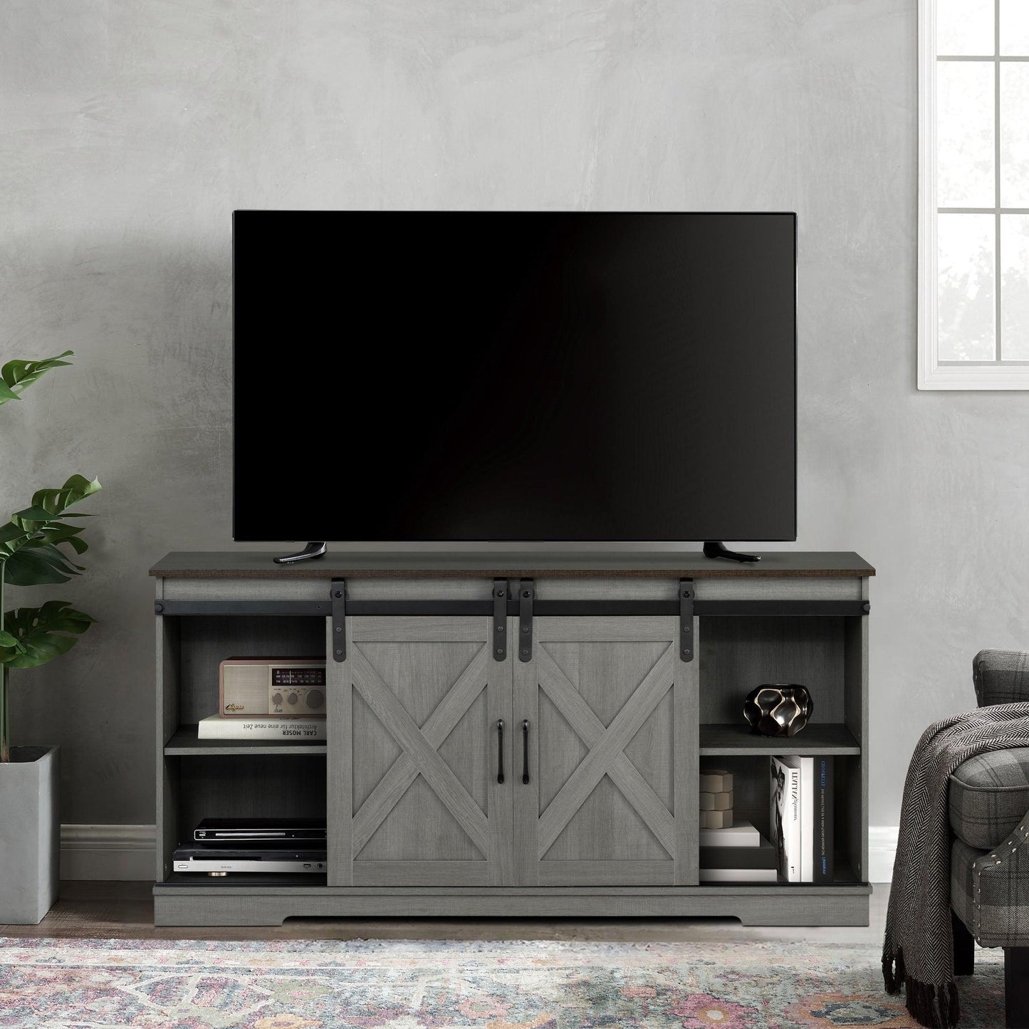 Eira Farmhouse 56-inch TV Stand with Storage Cabinet and Cable Holes, Entertainment Center Console for Living Room, Bedroom