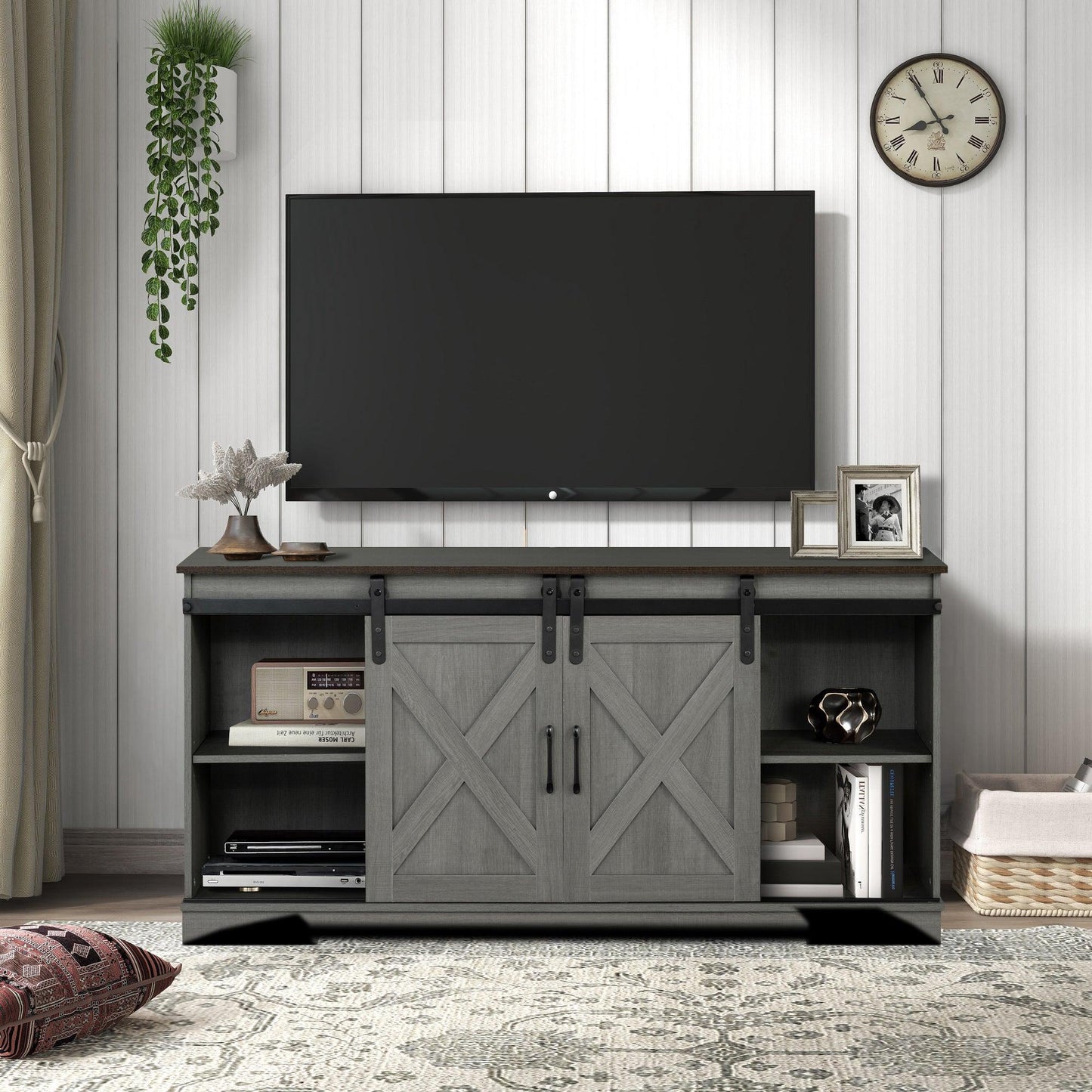 Eira Farmhouse 56-inch TV Stand with Storage Cabinet and Cable Holes, Entertainment Center Console for Living Room, Bedroom