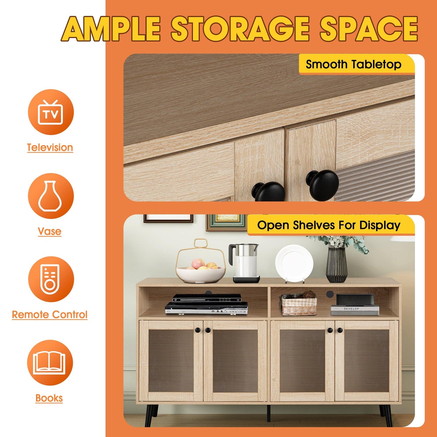 Evans 56 Inch Mid-Century Modern TV Stand with Open Shelves and Cabinets for Living Room, Bedroom