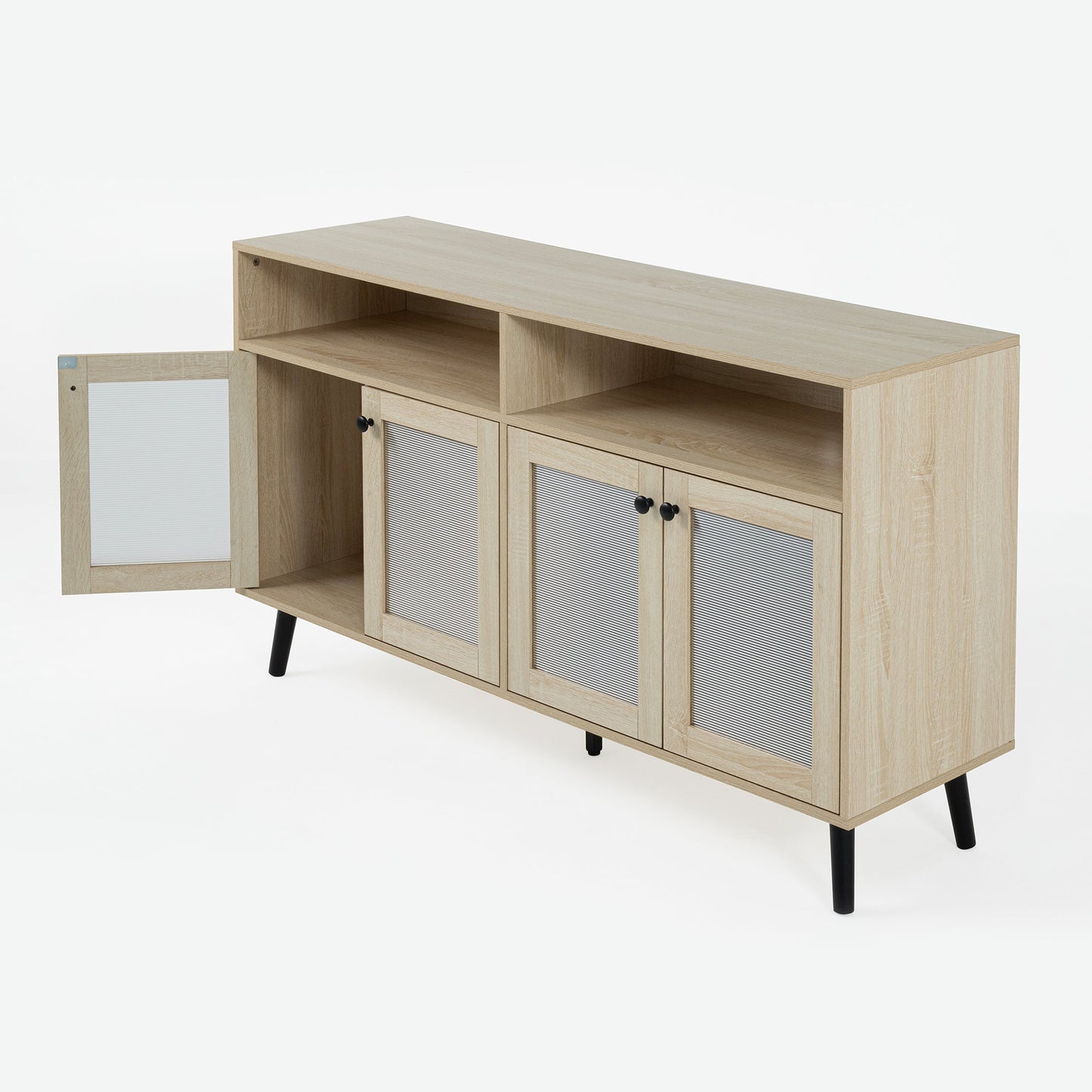 Evans 56 Inch Mid-Century Modern TV Stand with Open Shelves and Cabinets for Living Room, Bedroom