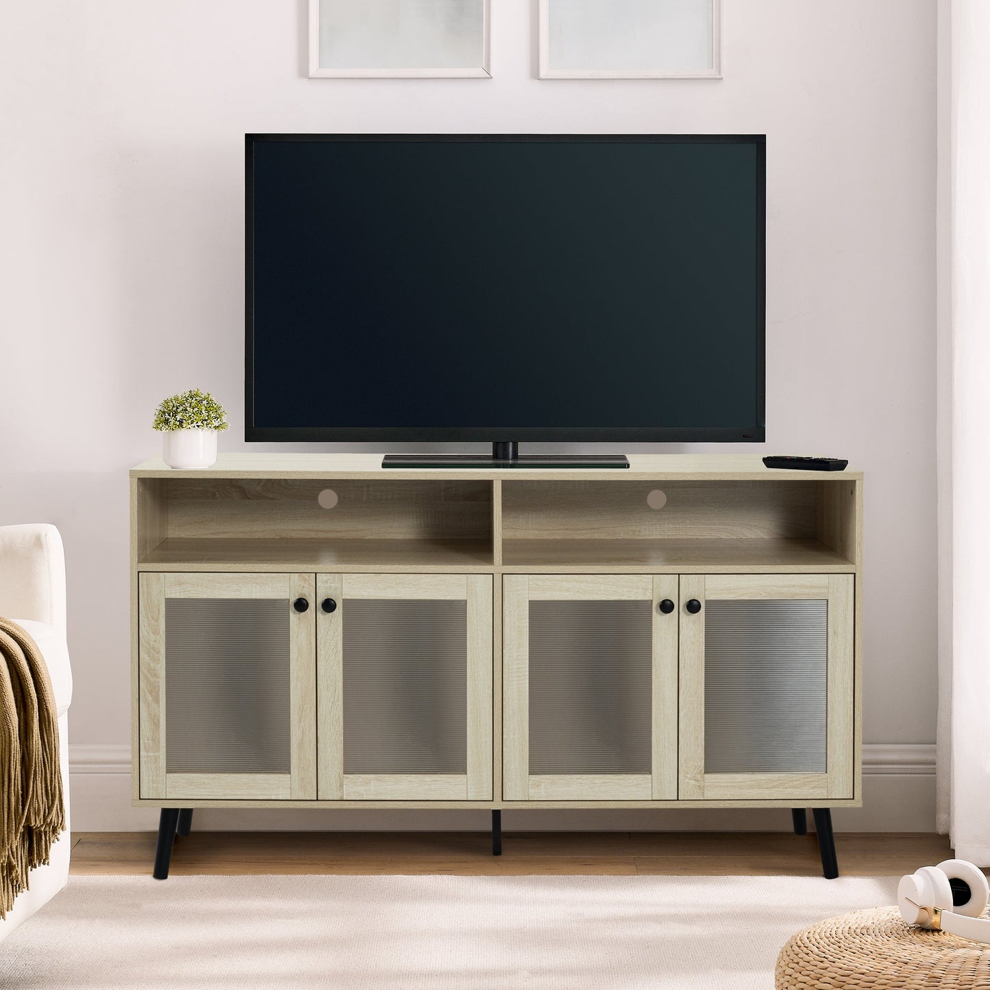 Evans 56 Inch Mid-Century Modern TV Stand with Open Shelves and Cabinets for Living Room, Bedroom